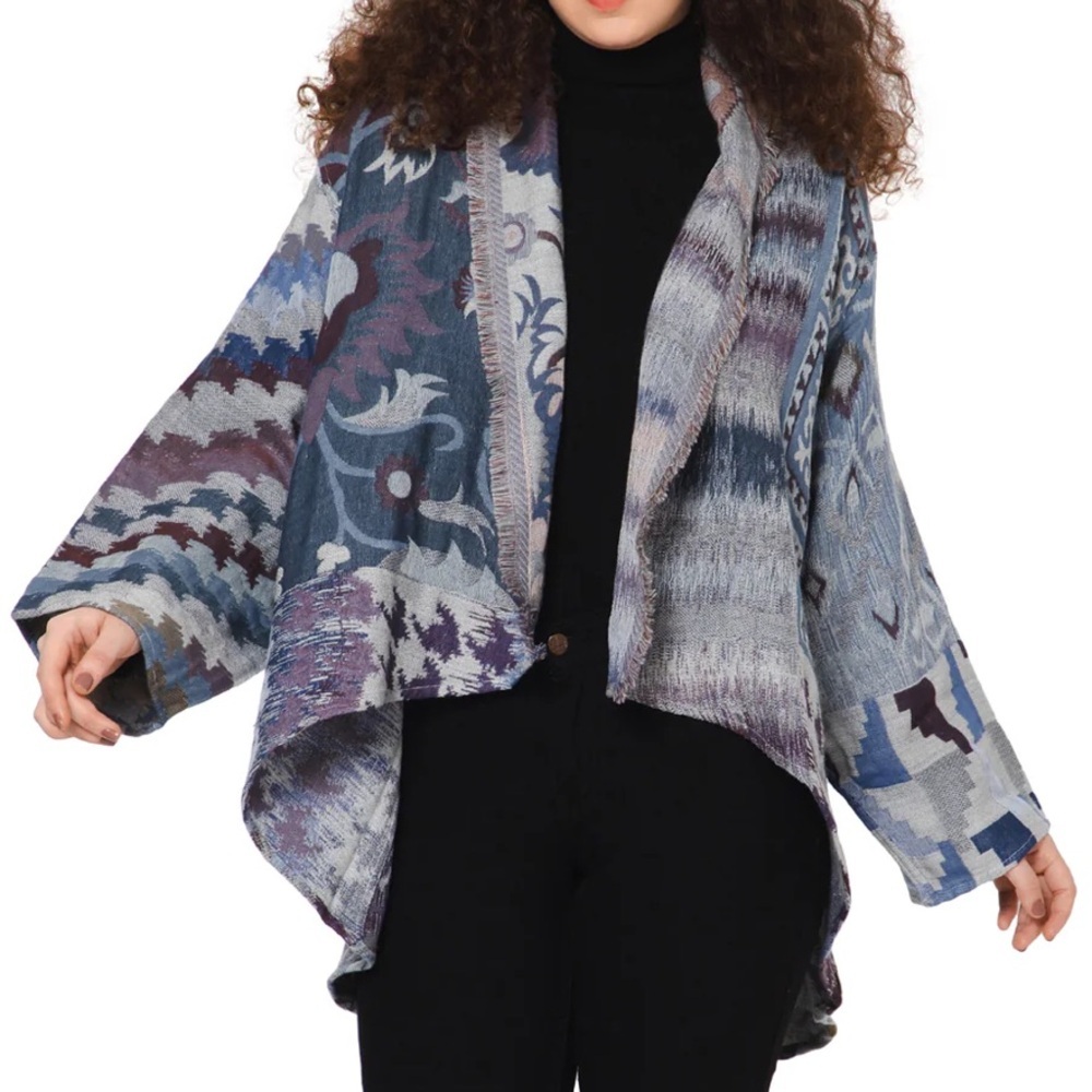 VISMAYA

FLORAL GEO PONCHO JACKET - BLUE BROWN